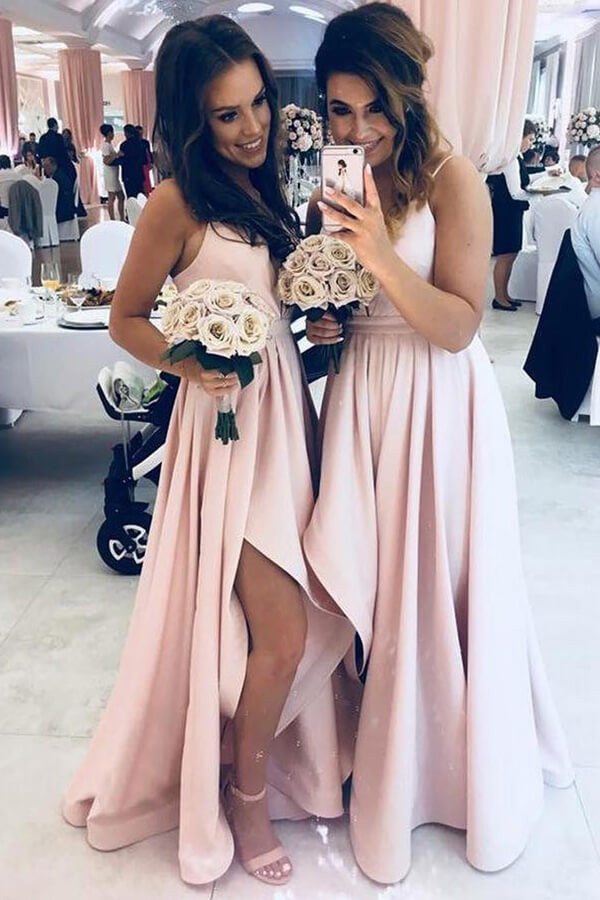 Simple Light Pink Spaghetti Straps Long Bridesmaid Dresses With Slit, BD103 | Simidress Simple Light Pink Spaghetti Straps Long Bridesmaid Dresses With Slit, BD103 | Simidress