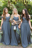 Simple Slate Grey Tulle Off-the-Shoulder Cheap Bridesmaid Dresses, BD104