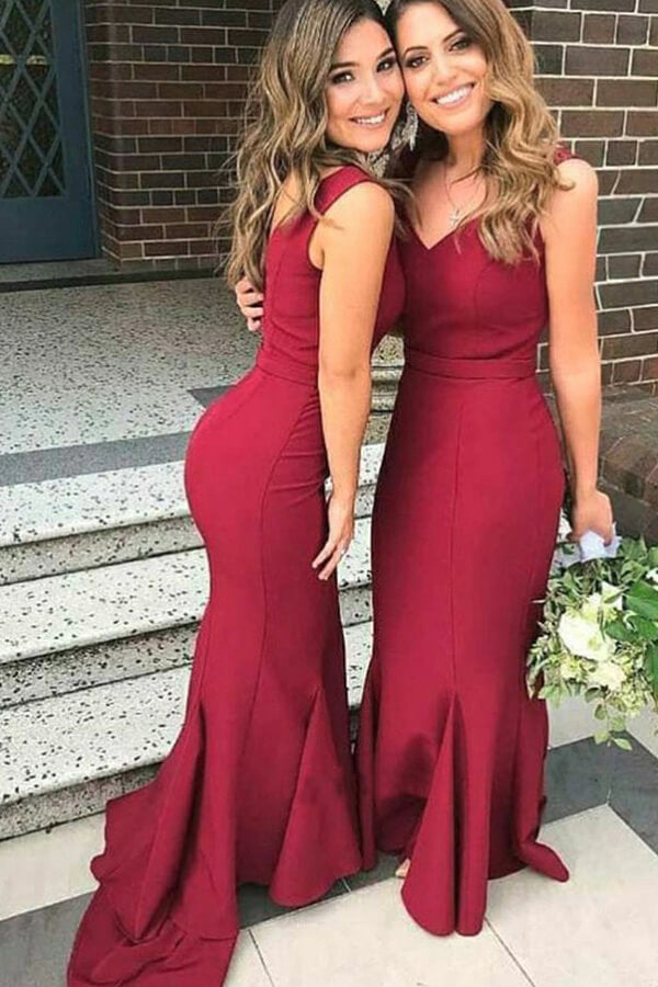 Dark Red Mermaid V-Neck Sweep Train Bridesmaid Dresses, Formal Dress, BD105 | formal dresses | bridesmaid dresses | mermaid bridesmaid dresses | dark red bridesmaid dresses | wedding guest dresses | weddings | bridals | Simidress.com