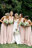 Simple Light Pink Chiffon A-line V-neck Long Bridesmaid Dresses, BD106