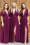 Burgundy Chiffon V-neck Short Sleeves Bridesmaid Dresses With Side Slit, BD108
