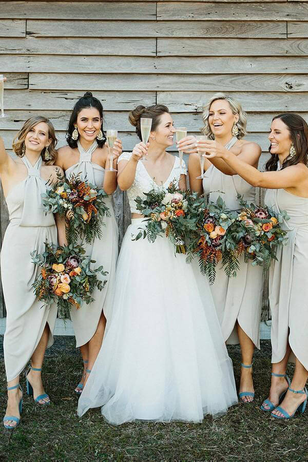 Cheap Jersey Sheath Halter Neck Tea Length Bridesmaid Dresses With Slit, BD109 | bridesmaid dresses | wedding party dresses | Cheap Bridesmaid dresses | Simidress