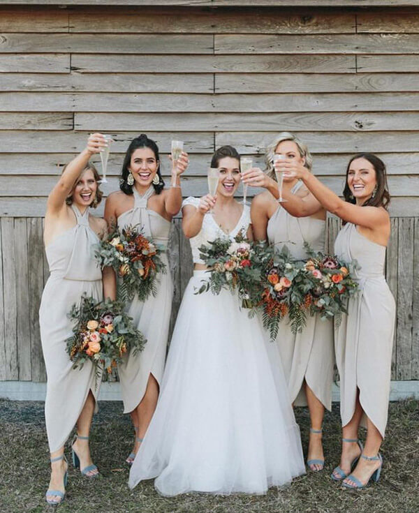 Cheap Jersey Sheath Halter Neck Tea Length Bridesmaid Dresses With Slit, BD109 | plus size bridesmaid dresses | cheap bridesmaid dresses | Simidress