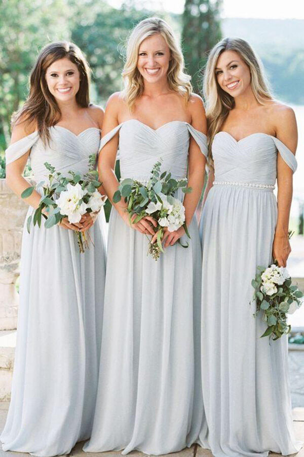 Silver Chiffon A-line Off-the-Shoulder Beach Bridesmaid Dresses, BD110 | bridesmaid dresses | cheap bridesmaid dresses | plus size bridesmaid dresses | wedding party dresses | wedding guest dresses | Simidress.com