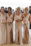 Cheap Sheath Chiffon V-neck Long Bridesmaid Dresses With Slit, BD111