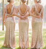 Gold Sequin Sparkly Mermaid Long Rose Bridesmaid Dress,Maid of honor Dresses, BD34