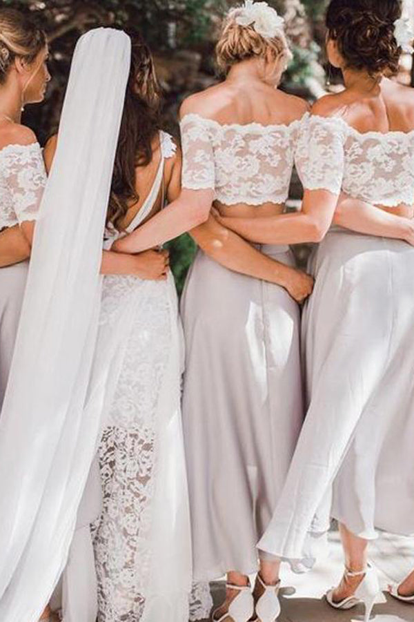 Two pieces Short Sleeve Lace Top Beach Wedding Bridesmaid Dresses –  Simidress