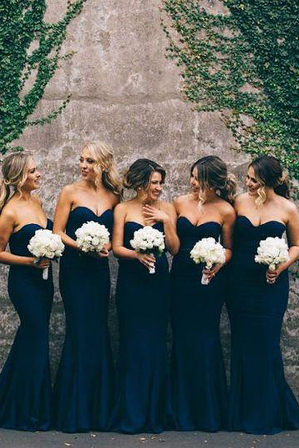 Elegant Navy Women Sweet Heart Mermaid Long Bridesmaid Dresses, BD38