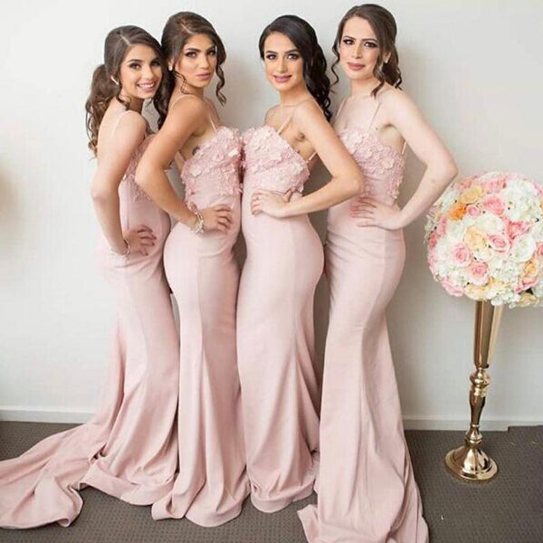 Light Pink Spaghetti Sweetheart Mermaid Long Bridesmaid Dresses, BD40