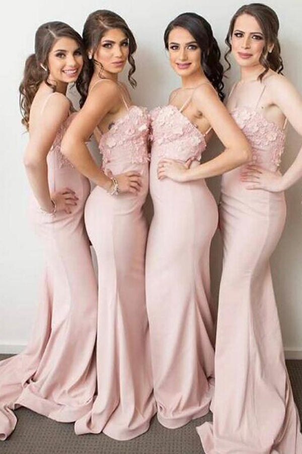 Light Pink Spaghetti Sweetheart Mermaid Long Bridesmaid Dresses, BD40