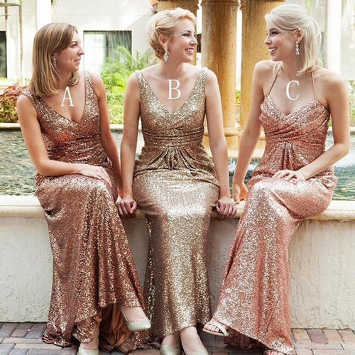 Sequin Mismatched Long Sheath Bridesmaid Dresses For Wedding, BD46