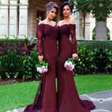 Burgundy Mermaid Long Sleeve Lace Bridesmaid Dresses with Small Train, BD47