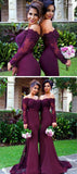 Burgundy Mermaid Long Sleeve Lace Bridesmaid Dresses with Small Train, BD47