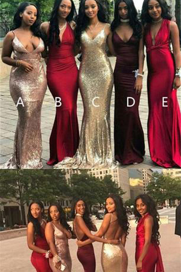 Cheap V Neck Mismatched Mermaid Bridesmaid Dresses,Long Prom Dresses, BD50