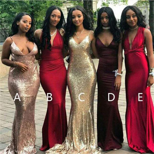 Cheap V Neck Mismatched Mermaid Bridesmaid Dresses,Long Prom Dresses, BD50