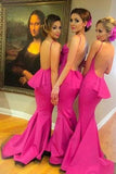 Young Girls Rose Red Backless Mermaid Bridesmaid Dresses with Small Train, BD51