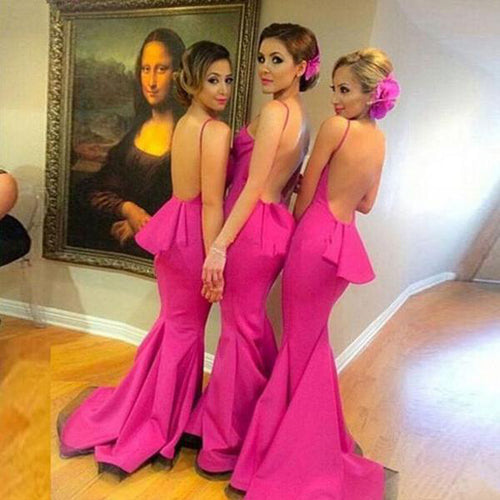 Young Girls Rose Red Backless Mermaid Bridesmaid Dresses with Small Train, BD51