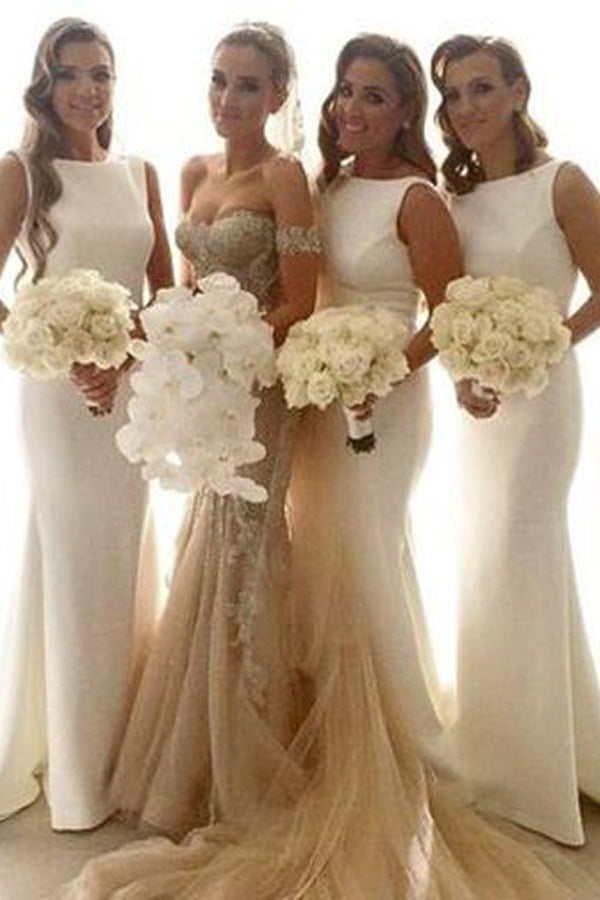 Elegant White Simple Mermaid Long Wedding Party Bridesmaid Dresses, BD53