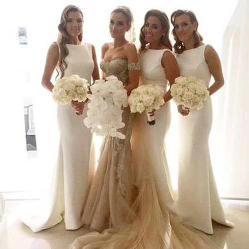 Elegant White Simple Mermaid Long Wedding Party Bridesmaid Dresses, BD53