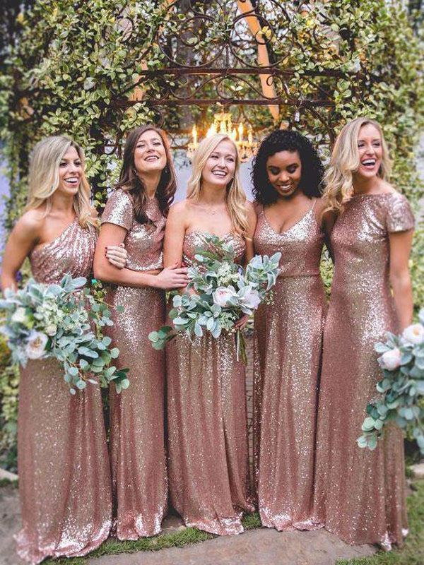 Mismatched Rose Gold Sequin Long Wedding Party Dresses,Bridesmaid Dresses, BD60