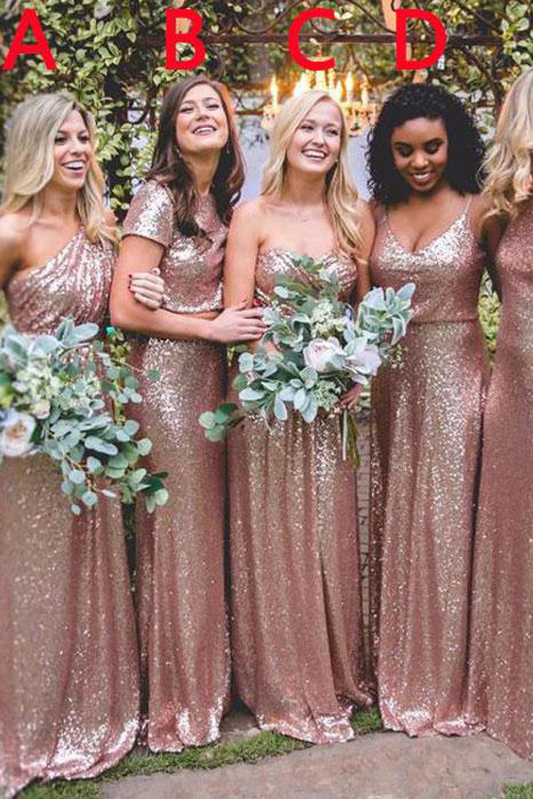 Mismatched Rose Gold Sequin Long Wedding Party Dresses,Bridesmaid Dresses, BD60