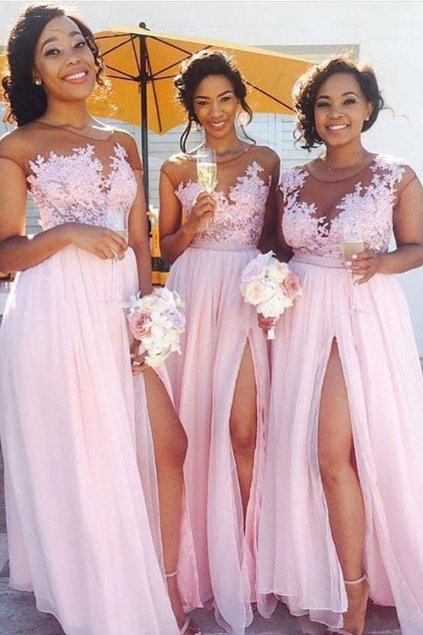 Pink Chiffon Lace Bodice Side Slit Long Bridesmaid Dresses with Appliques, BD61