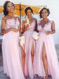 Pink Chiffon Lace Bodice Side Slit Long Bridesmaid Dresses with Appliques, BD61