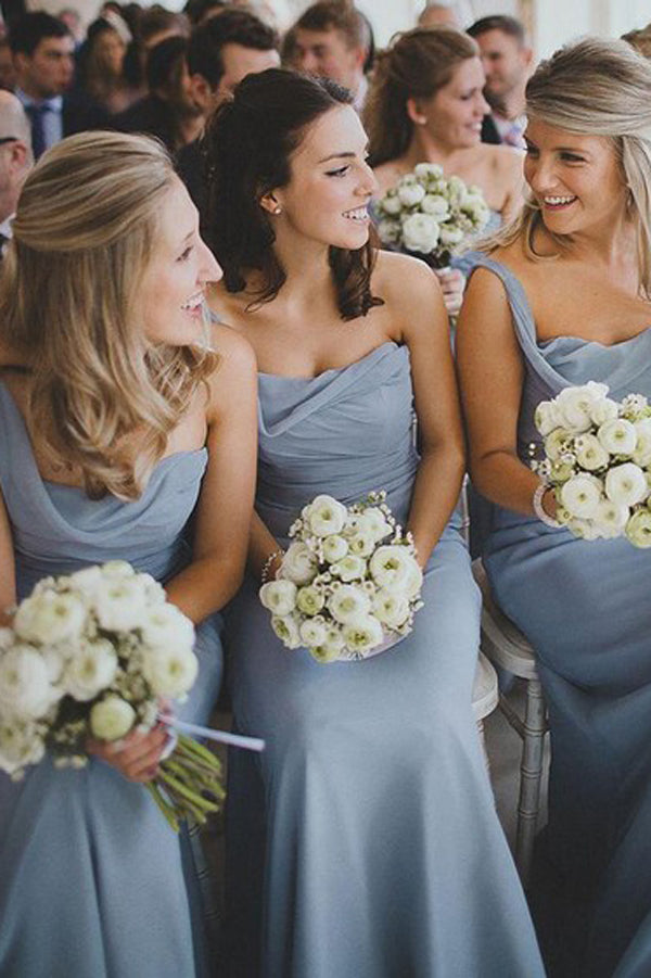 Cheap One Shoulder Column Chiffon Ruffles Long Bridesmaid Dress, BD62