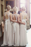 Lace Chiffon A-line Scoop Neck Ribbons Open Back Bridesmaid Dresses, BD63