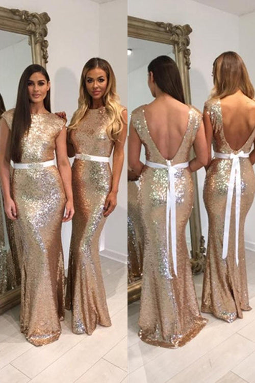 Backless Mermaid Scoop Neck Sequined Floor-length Ribbons Bridesmaid Dresses, BD64