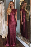 Mermaid Short Sleeve Sequin Long Cheap Bridesmaid Dresses, BD65