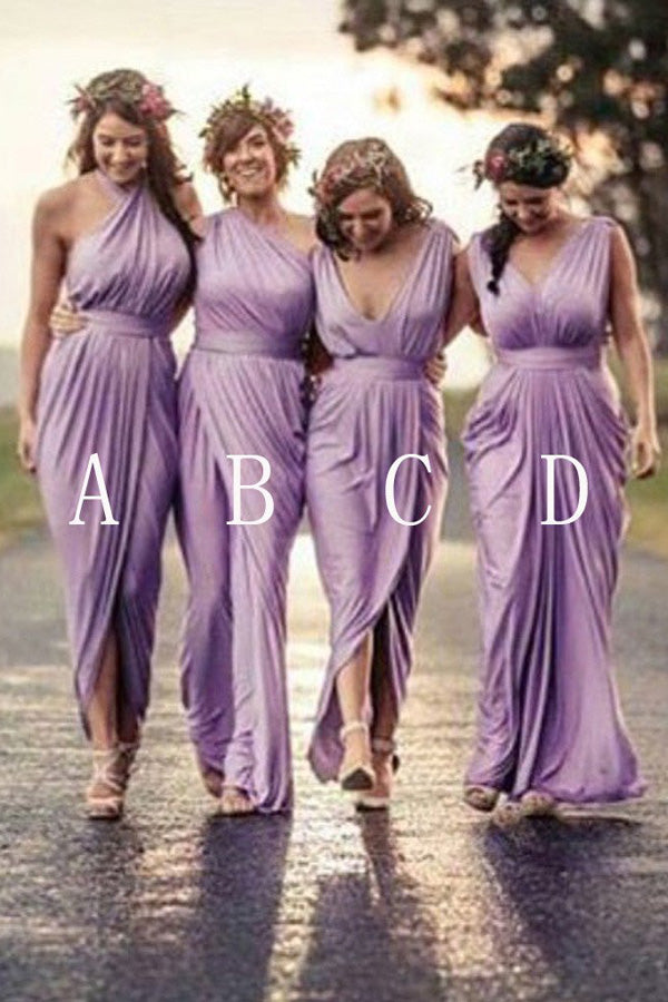 Lilac Floor Length Mismatched Pleating Different Styles Cheap Bridesmaid Dresses, BD67