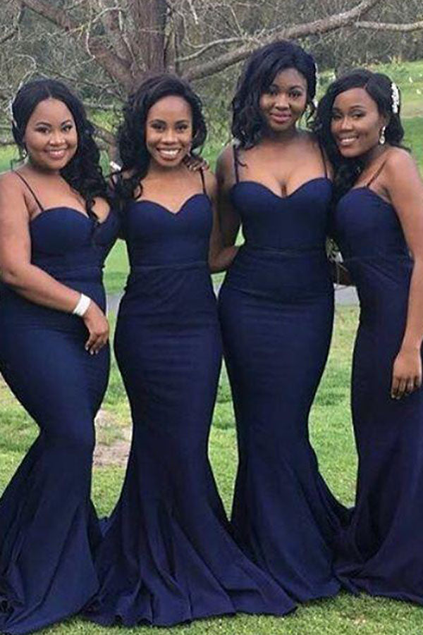 Navy Blue Satin Mermaid Sweetheart Long Bridesmaid Dress With Spaghetti Straps, BD71