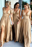 Cheap A-Line Deep V-Neck Floor-Length Bridesmaid Dress with Side Slit, BD72