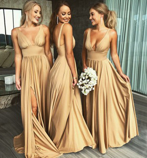 Cheap A-Line Deep V-Neck Floor-Length Bridesmaid Dress with Side Slit at simidress.com