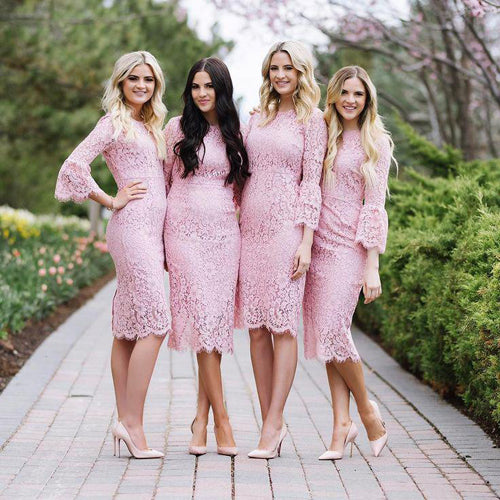 Pink Lace Knee Length Fashion Sheath Jewel Long Sleeves Bridesmaid Dress at simidress.com