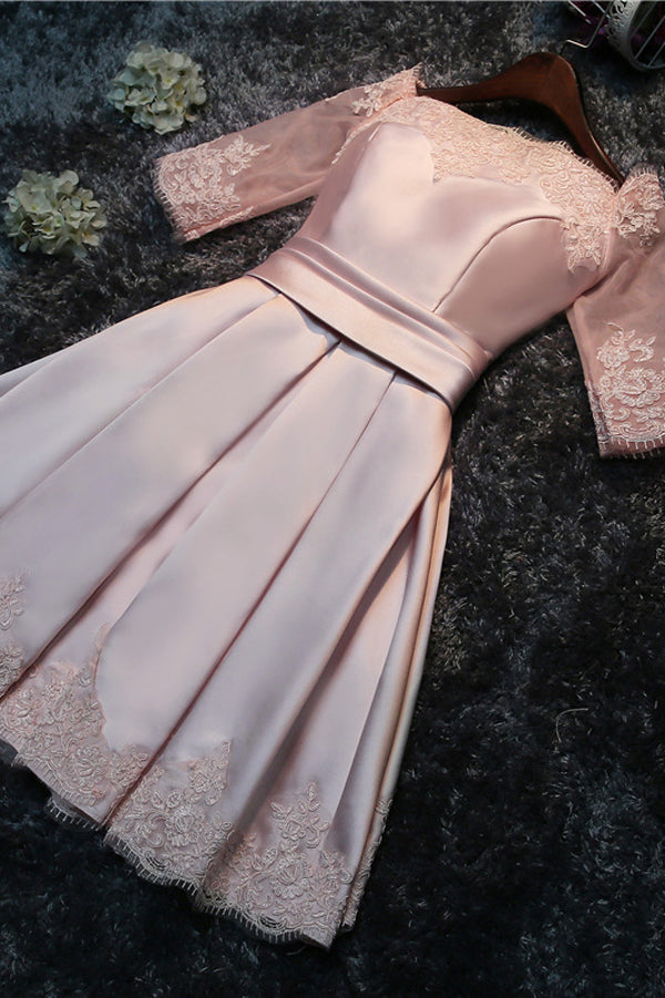 Cute A-Line Half-sleeves Lace up Back Short Bridesmaid Dress with Appliques, BD74