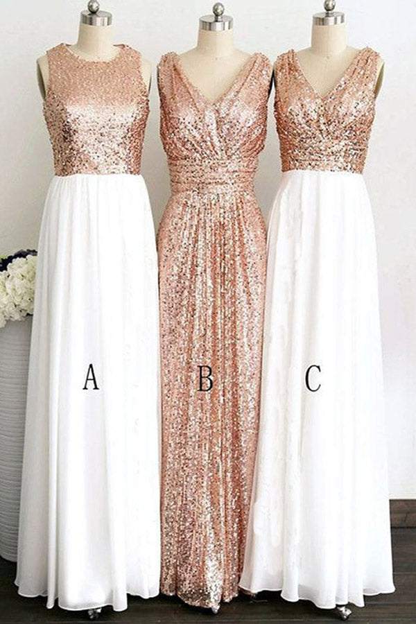Elegant Rose Gold Pretty White Chiffon Charming Long Bridesmaid Dresses, BD74