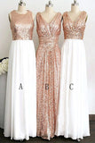 Elegant Rose Gold Pretty White Chiffon Charming Long Bridesmaid Dresses, BD74