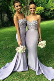 Elegant Light Grey Long Mermaid Sweetheart Beaded Bridesmaid Dresses With Appliques, M261