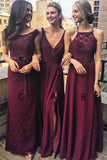 New Arrival Grape Chiffon V-Neck A-Line Floor-Length Long Bridesmaid Dress with Split, BD77