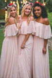 Off-the-shoulder Pink Ruffles Chiffon Long Floor-length  Bridesmaid Dresses, BD78