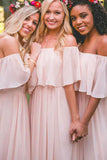Off-the-shoulder Pink Ruffles Chiffon Long Floor-length  Bridesmaid Dresses at simidress.com