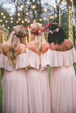 Off-the-shoulder Pink Ruffles Chiffon Long Floor-length  Bridesmaid Dresses|simidress.com