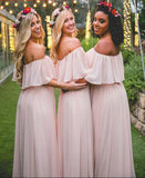 simidress.com offers Off-the-shoulder Pink Ruffles Chiffon Long Floor-length  Bridesmaid Dresses, BD78