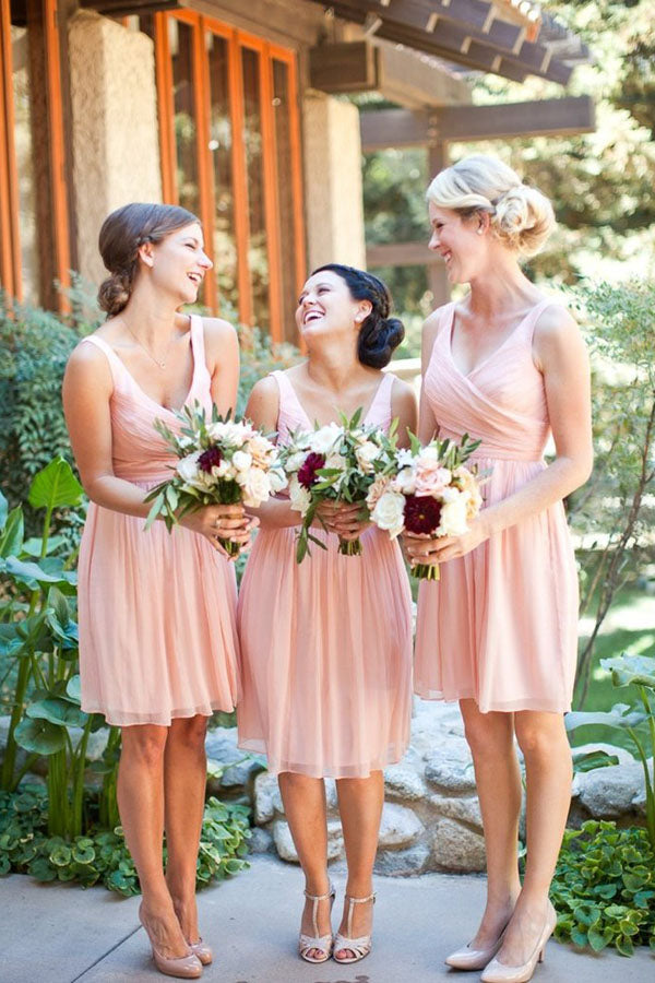 Simple Pink A-line V-neck Chiffon Short Bridesmaid Dresses, Wedding Party Dress, BD79