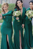 Green Deep V-neck Long Sleeve Bridesmaid Dresses with Side Slit, BD80