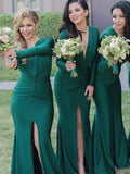 Green Deep V-neck Long Sleeve Bridesmaid Dresses with Side Slit at simidress.com