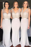 Light Grey lovely Mermaid V-Neck Sweep Train Sweet Elegant Bridesmaid Dress, BD82