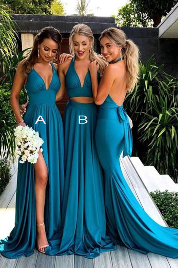 Blue Simple V-neck Long Bridesmaid Dresses with Side Slit, Wedding Party Dress, BD83
